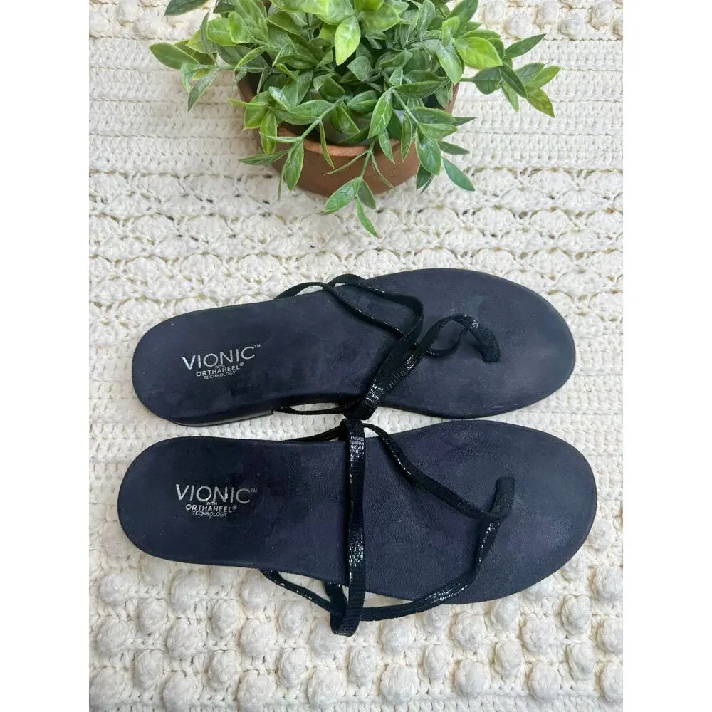 VIONIC ORTHAHEEL Women's 10 Minimal Flip Flop Strappy Sandal Shoes Black Suede